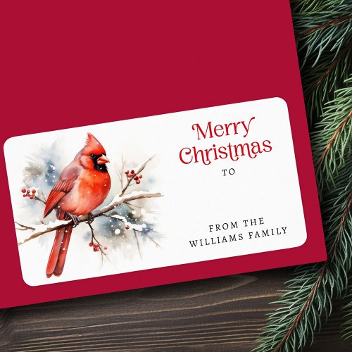 Red cardinal on winter branch Merry Christmas gift Label