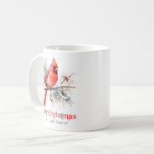 Red cardinal on winter branch Merry Christmas name Coffee Mug (Front Left)