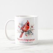 Red cardinal on winter branch Merry Christmas name Coffee Mug (Left)