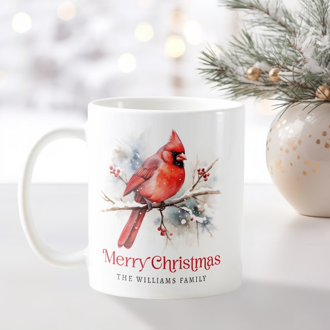 Red cardinal on winter branch Merry Christmas name Coffee Mug