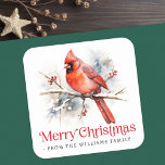 Red cardinal on winter branch Merry Christmas Square Sticker<br><div class="desc">Stickers featuring a beautiful watercolor painting of a red cardinal sitting on a snowy branch with red berries,  and green text "Merry Christmas" with your family name or custom text below.</div>
