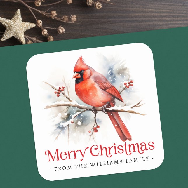 Red cardinal on winter branch Merry Christmas Square Sticker (Red cardinal on winter branch Merry Christmas Square Sticker)
