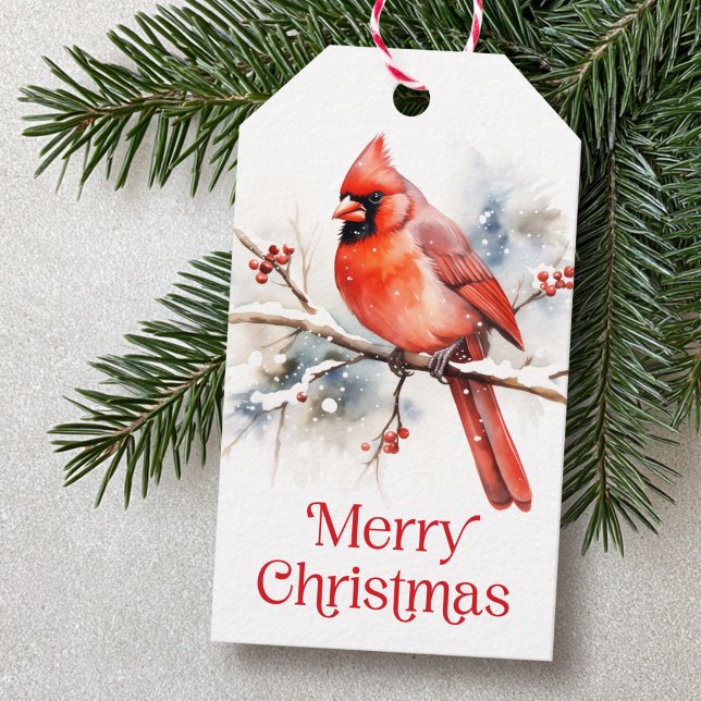Red cardinal on winter branch watercolor to from gift tags (Red cardinal on winter branch watercolor to from gift tags)