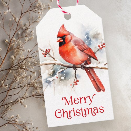 Red cardinal on winter branch watercolor to from gift tags