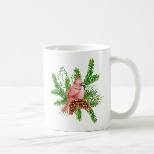 Red Cardinal on Winter Evergreens Coffee Mug