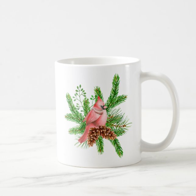 Red Cardinal on Winter Evergreens Coffee Mug (Right)