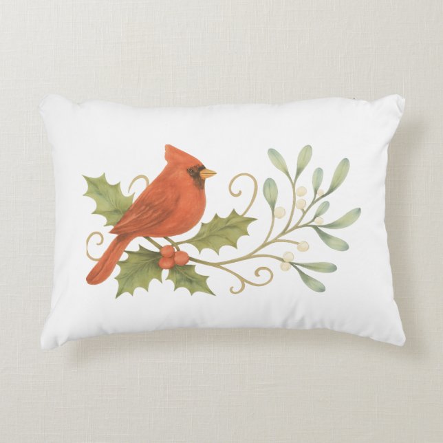 Red Cardinal On Winter Holly & Mistletoe Accent Pillow (Front)