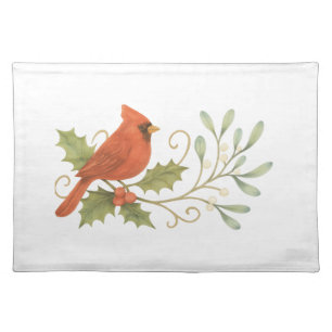 Red Cardinal On Winter Holly & Mistletoe Cloth Placemat