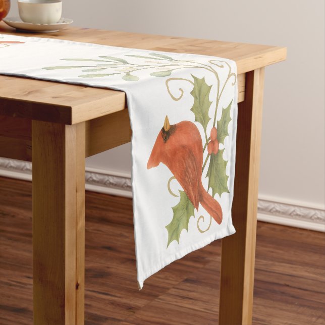 Red Cardinal On Winter Holly & Mistletoe Short Table Runner (In Situ)