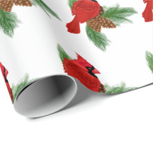 red cardinal on winter pine wrapping paper