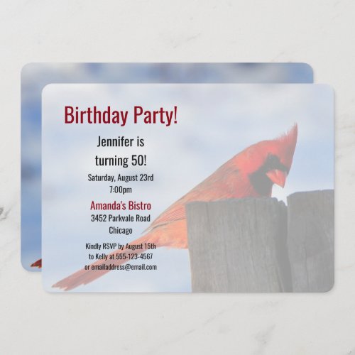 Red Cardinal on Wooden Stump Birthday Party Event Invitation