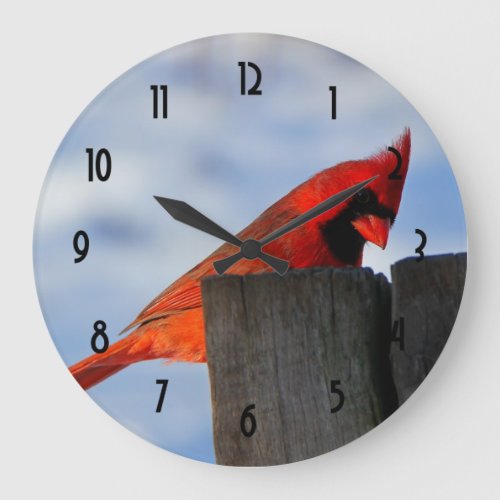 Red Cardinal on Wooden Stump Large Clock