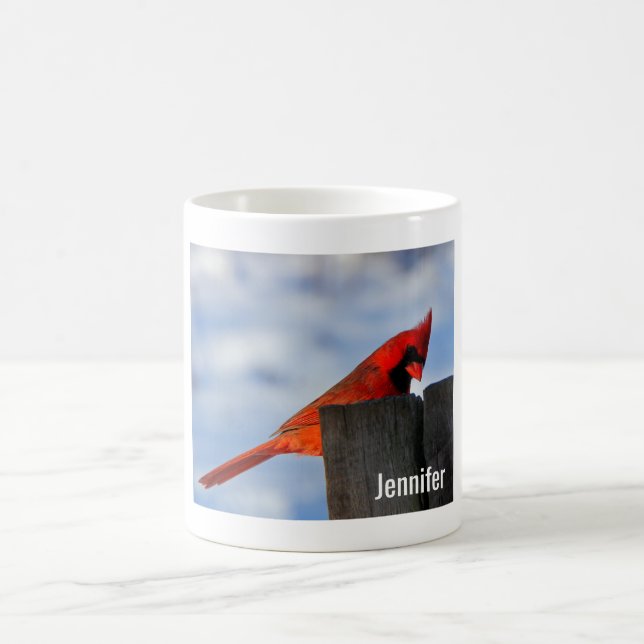 Red Cardinal on Wooden Stump Personalized Coffee Mug (Center)