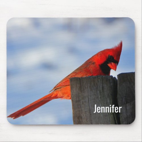 Red Cardinal on Wooden Stump Personalized Mouse Pad