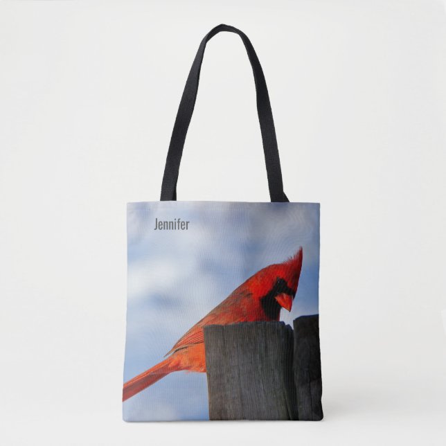 Red Cardinal on Wooden Stump Personalized Tote Bag (Front)
