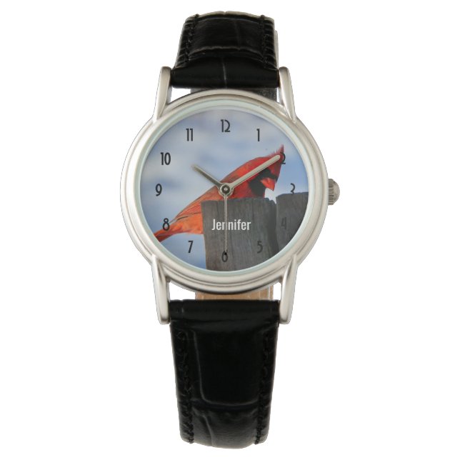 Red Cardinal on Wooden Stump Personalized Watch (Front)