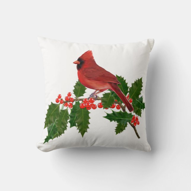 RED CARDINAL PERCHED ON HOLLY THROW PILLOW (Front)