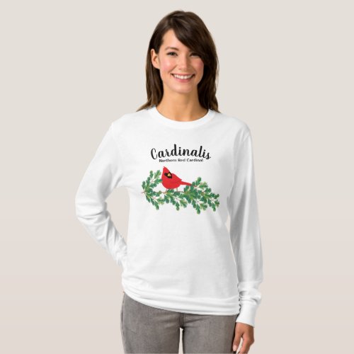 Red Cardinal Perched on Pine Branch Long_sleeve T_Shirt