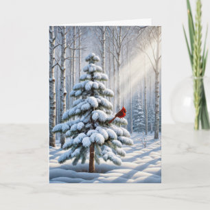 Red Cardinal Perched On Snowy Pine Tree Card