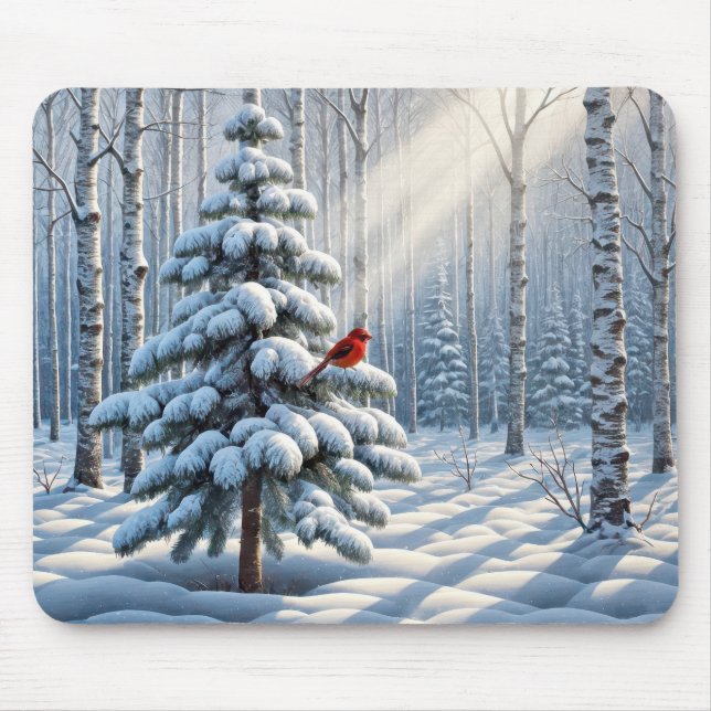 Red Cardinal Perched On Snowy Pine Tree Mouse Pad (Front)