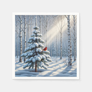 Red Cardinal Perched On Snowy Pine Tree Napkins