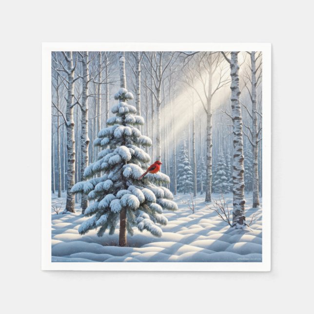 Red Cardinal Perched On Snowy Pine Tree Napkins (Front)