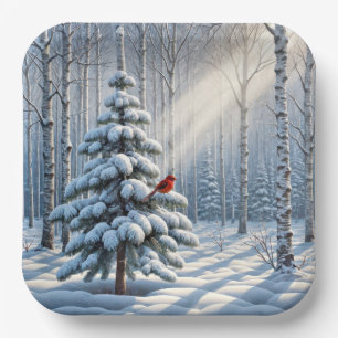 Red Cardinal Perched On Snowy Pine Tree Paper Plates