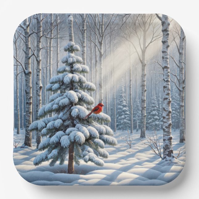 Red Cardinal Perched On Snowy Pine Tree Paper Plates (Front)