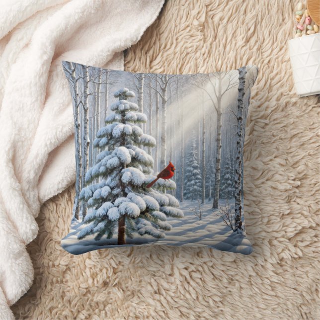 Red Cardinal Perched On Snowy Pine Tree Throw Pillow (Blanket)