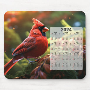 Red Cardinal Perched on Tree Branch 2024 Calendar Mouse Pad