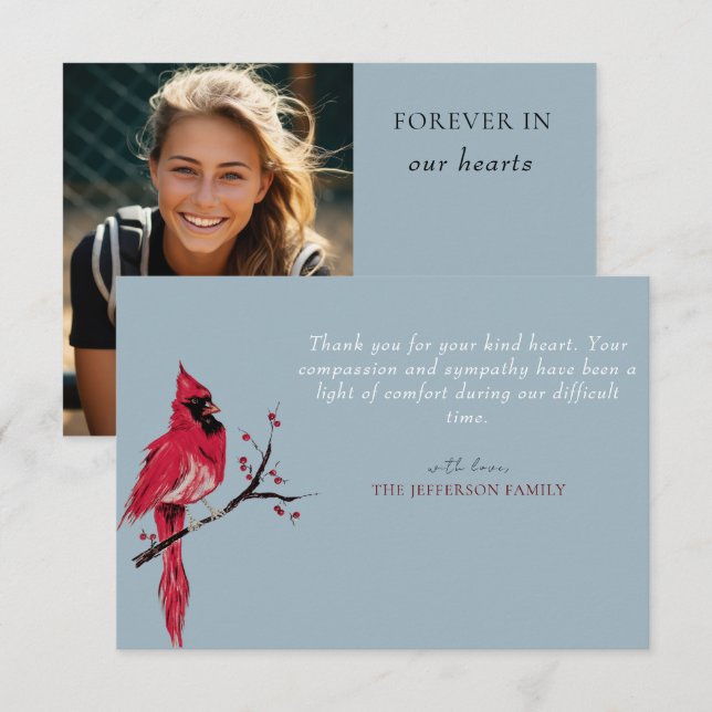 Red Cardinal Photo Funeral Thank You Card (Front/Back)