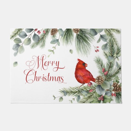 Red Cardinal Pine Branches Pine Cones Berries Doormat