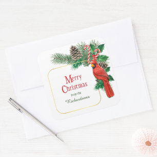 Red Cardinal Pine Cone Bouquet Christmas Square Sticker
