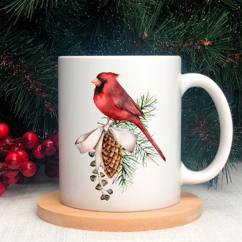 Red Cardinal Pine Cones Branch Ribbon Christmas Coffee Mug