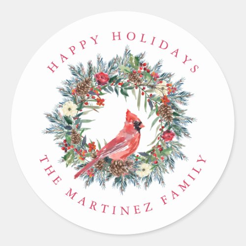 Red Cardinal Pine Wreath Happy Holidays Classic Round Sticker