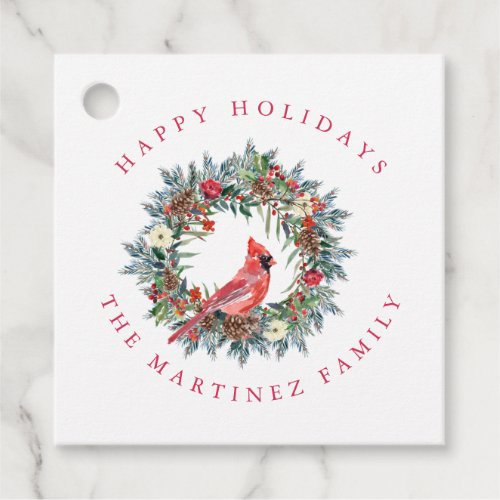 Red Cardinal Pine Wreath Happy Holidays Gift Tags
