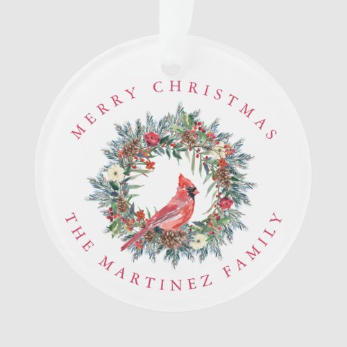 Red Cardinal Pine Wreath Merry Christmas Ornament