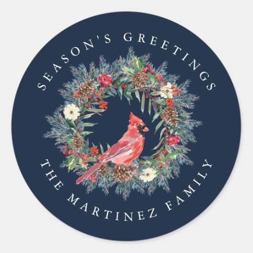 Red Cardinal Pine Wreath Seasons Greetings Classic Round Sticker