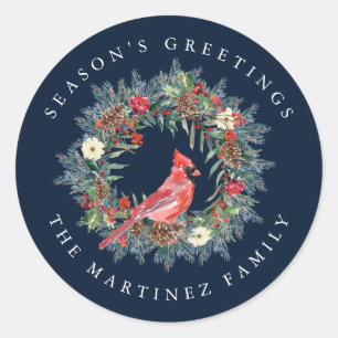Red Cardinal Pine Wreath Season's Greetings Classic Round Sticker
