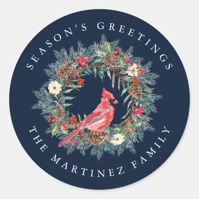 Red Cardinal Pine Wreath Season's Greetings Classic Round Sticker (Front)