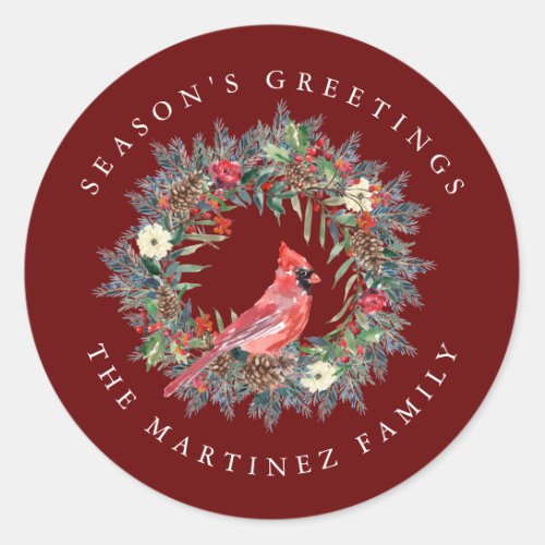Red Cardinal Pine Wreath Seasons Greetings Classic Round Sticker