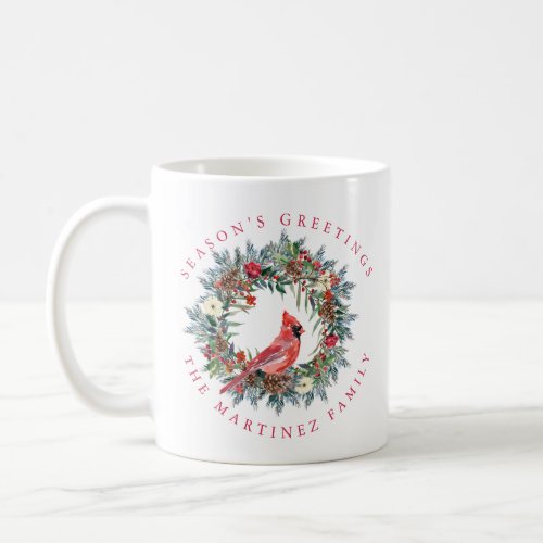 Red Cardinal Pine Wreath Seasons Greetings Coffee Mug