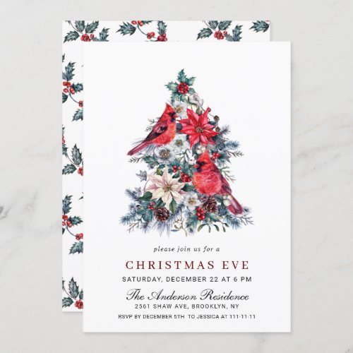 Red Cardinal Poinsettia Berry CHRISTMAS PARTY Eve Invitation