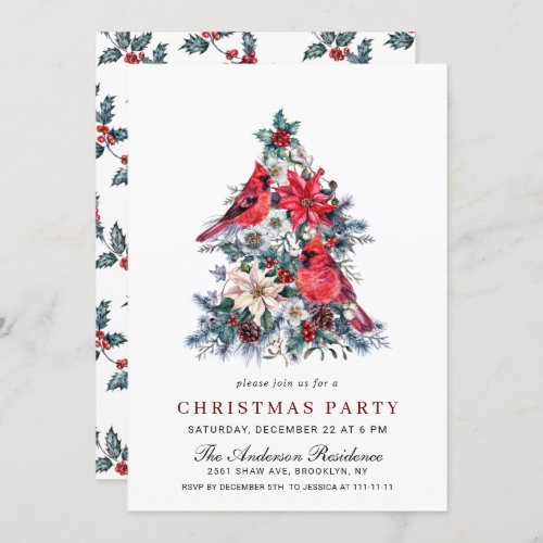 Red Cardinal Poinsettia Berry CHRISTMAS PARTY Invitation