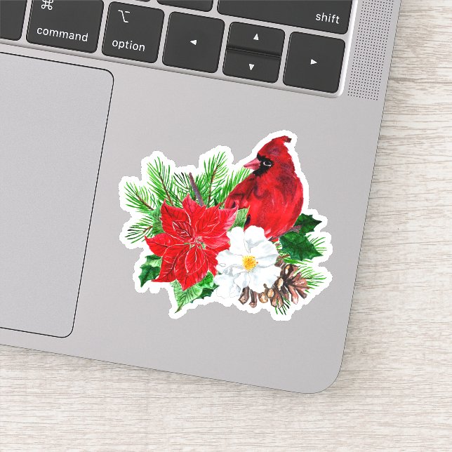 Red Cardinal Poinsettia Bouquet Christmas Contour Sticker (Detail)