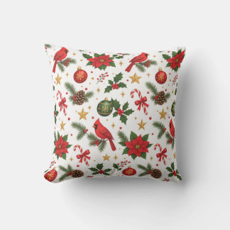 Red Cardinal Poinsettia Christmas Seamless Pattern Outdoor Pillow