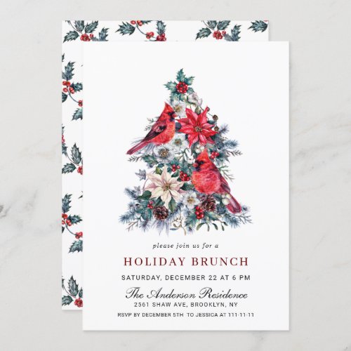 Red Cardinal Poinsettia Holly Berry Holiday Brunch Invitation