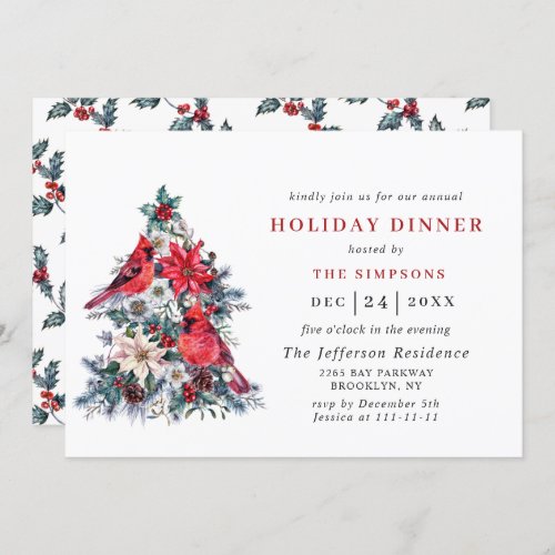 Red Cardinal Poinsettia Holly Berry Holiday DINNER Invitation