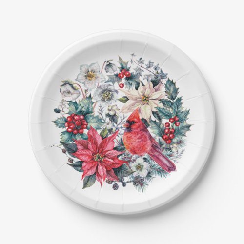 Red Cardinal Poinsettia Holly Berry Pine Holiday Paper Plates