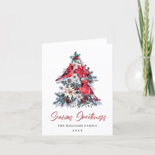 Red Cardinal Poinsettia Holly Berry Tree Christmas Holiday Card
